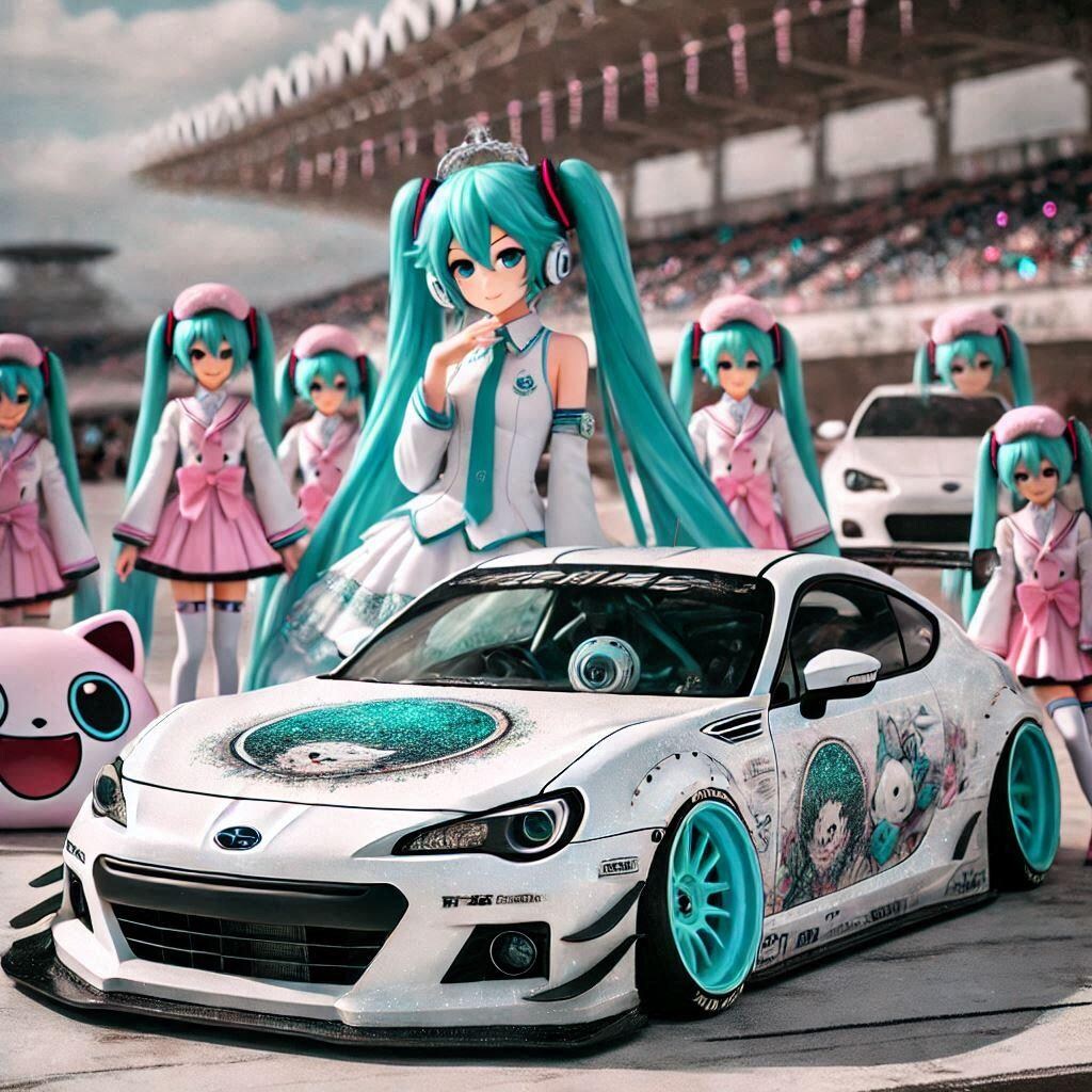 ホワイトカラーのスバルBRZのドリ車と初音ミク