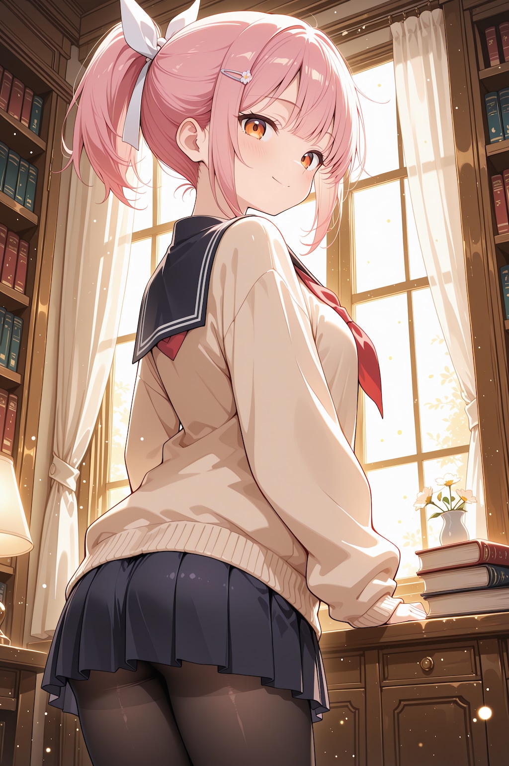 夕陽に染まる図書室で