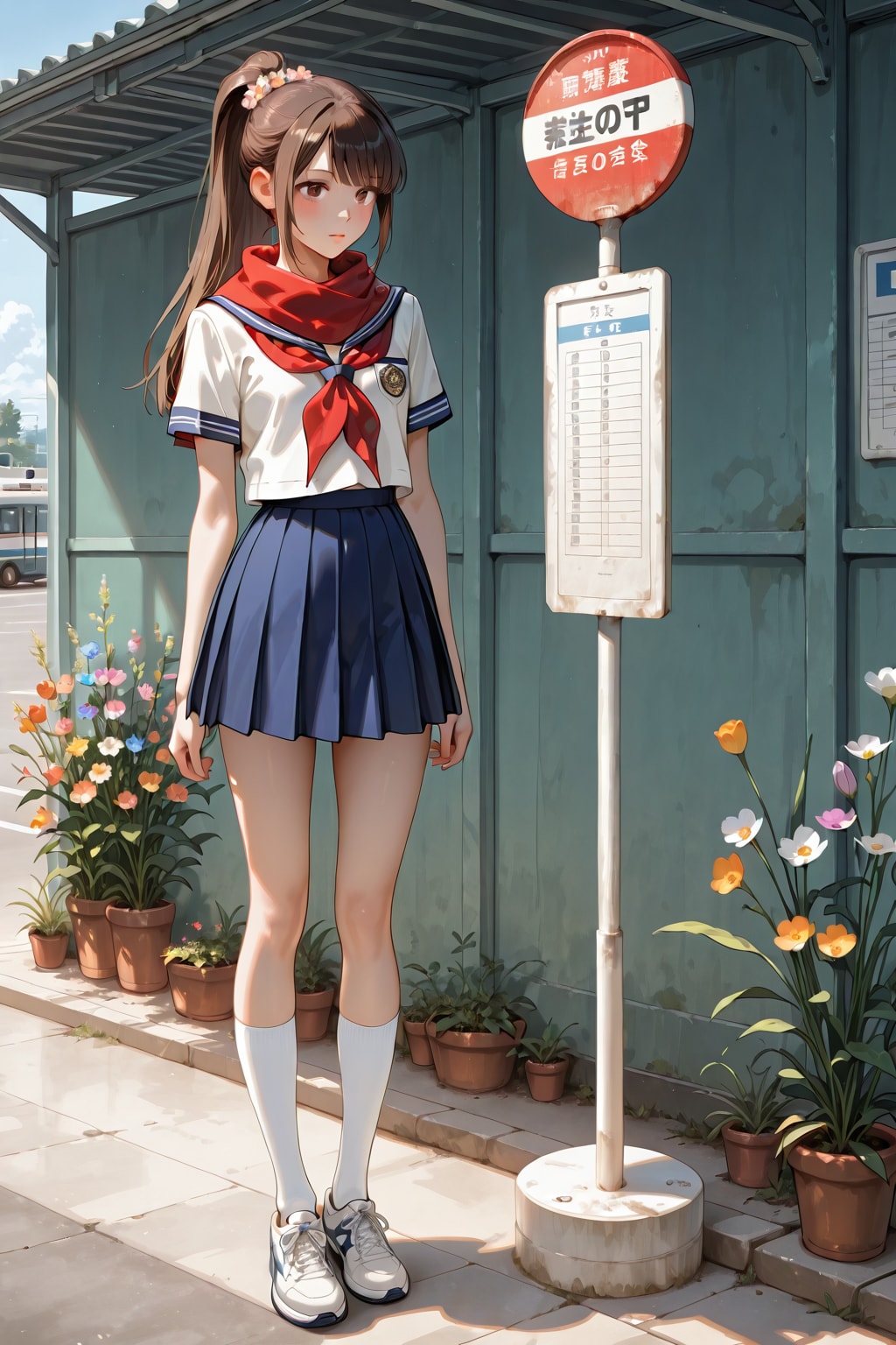 春の花咲くバス停の少女