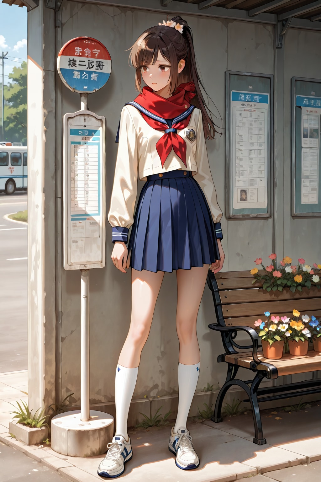 春の花咲くバス停の少女 | の人気AIイラスト・グラビア