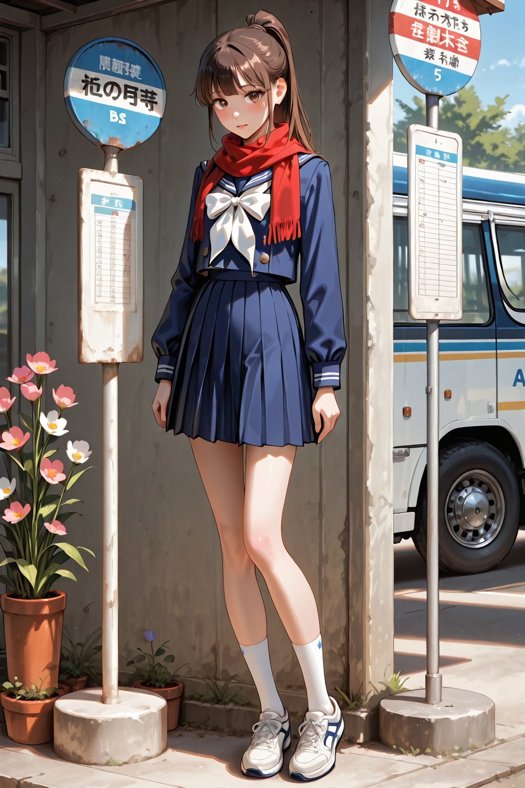 春の花咲くバス停の少女