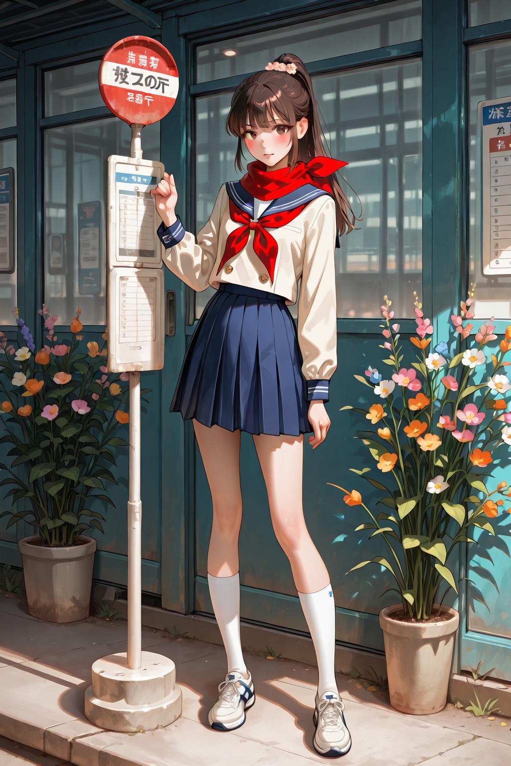 春の花咲くバス停の少女