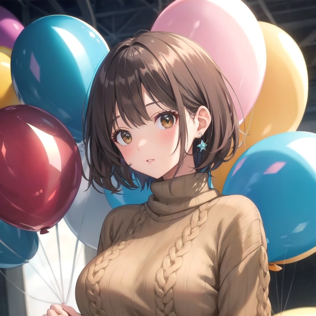 いっぱい巨大風船を持つブラウンショートカットの毛糸のセーター着た美女。