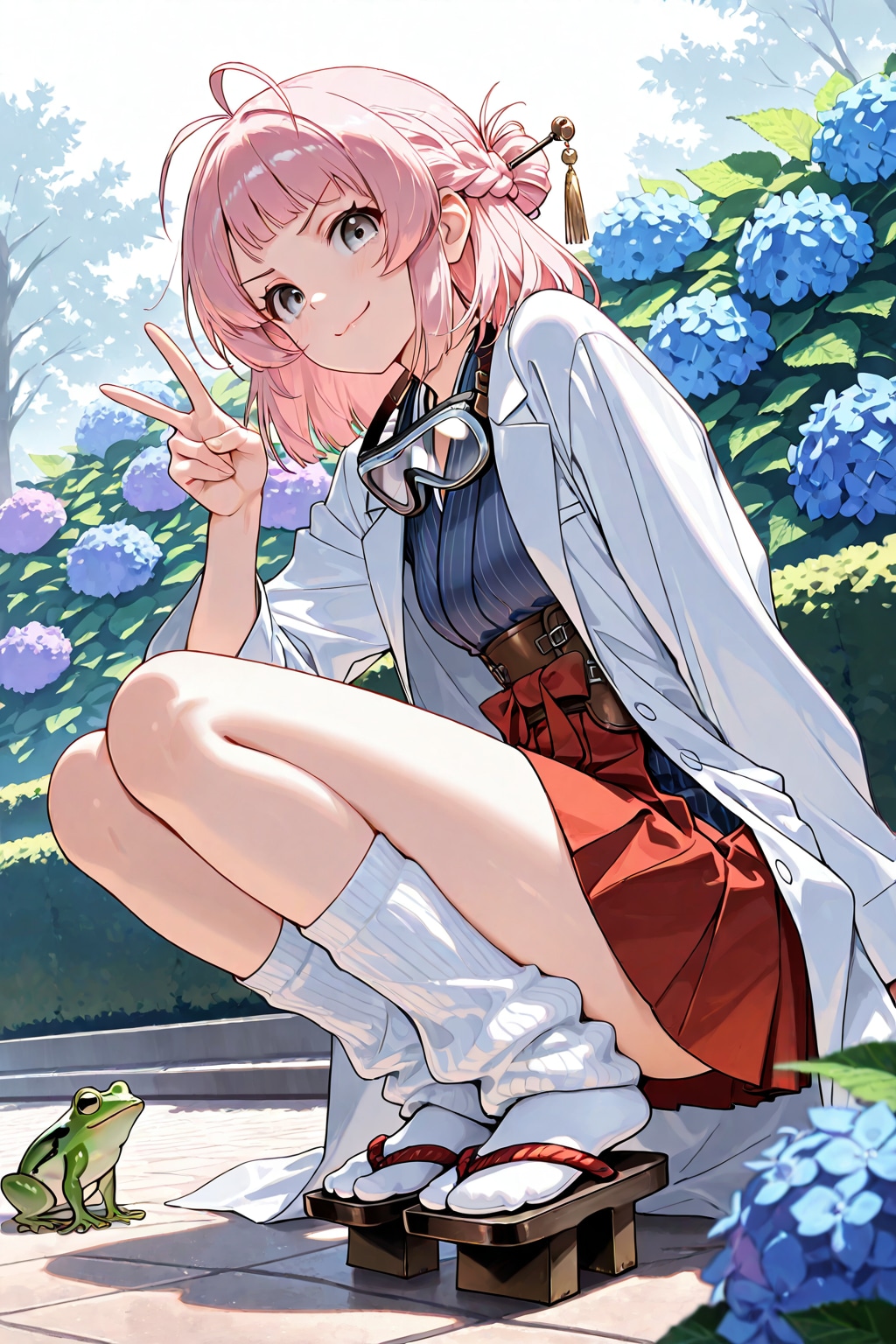 しゃがみピースをする発明家少女