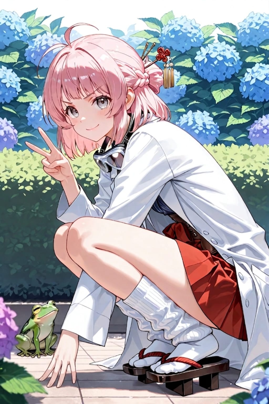 しゃがみピースをする発明家少女
