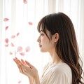 舞い散る花を見つめる女性 3枚目