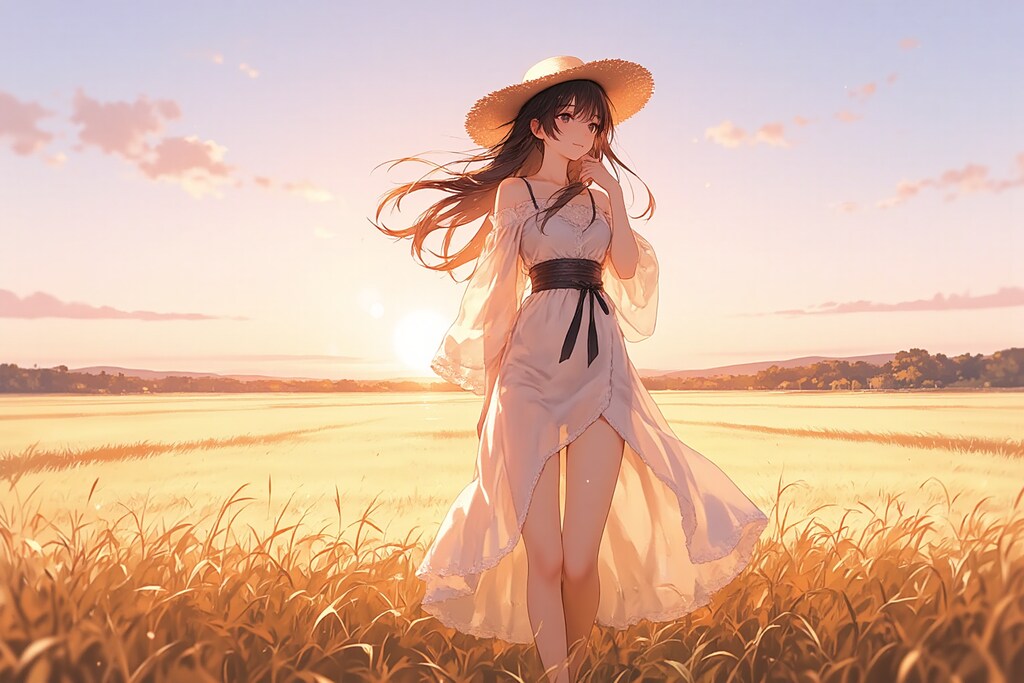 風吹く草原に沈む夕日