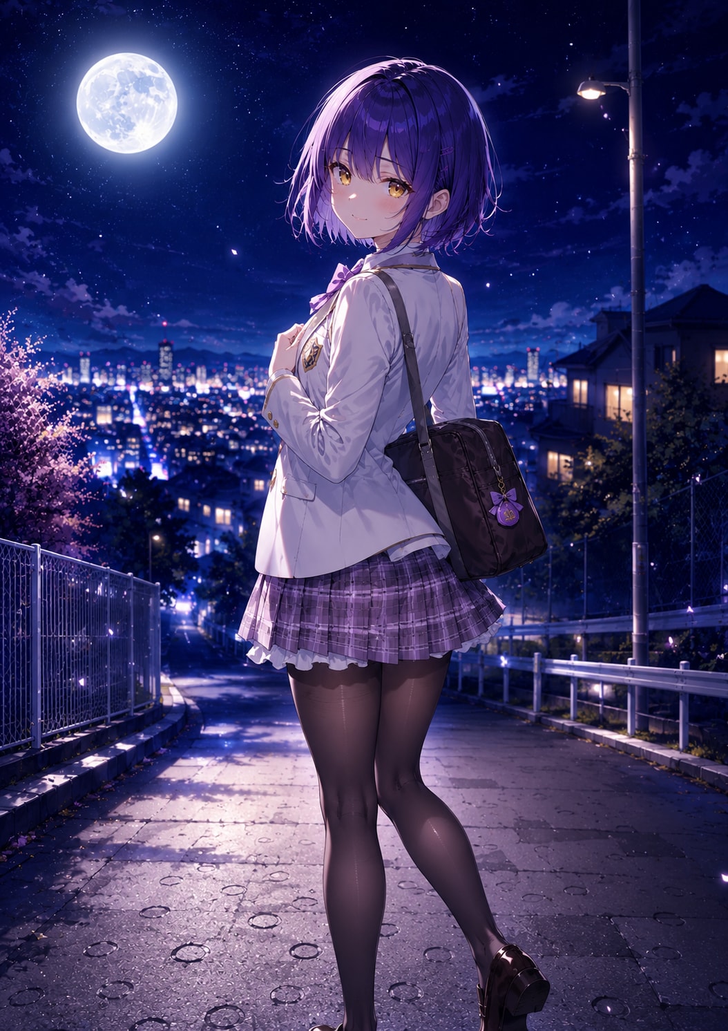 月光の坂道で振り返る少女