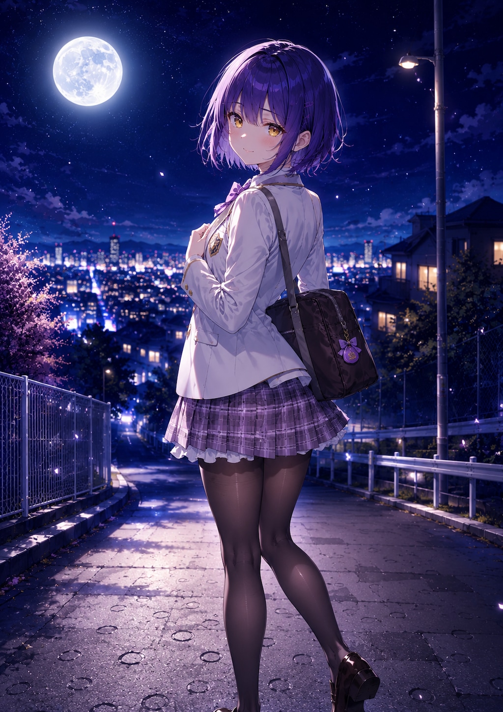 月光の坂道で振り返る少女