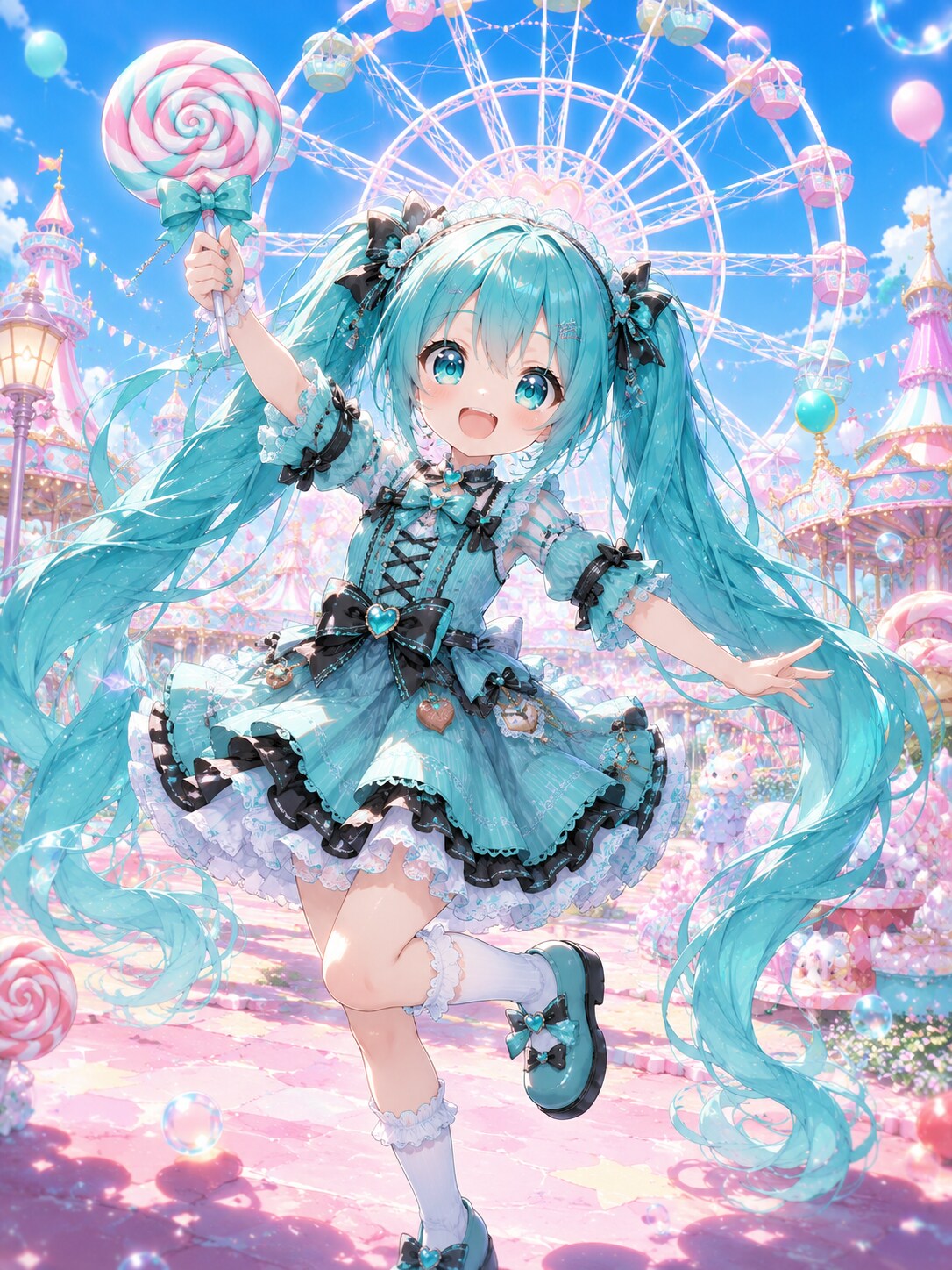遊園地で楽しむちびミクちゃん | の人気AIイラスト・グラビア