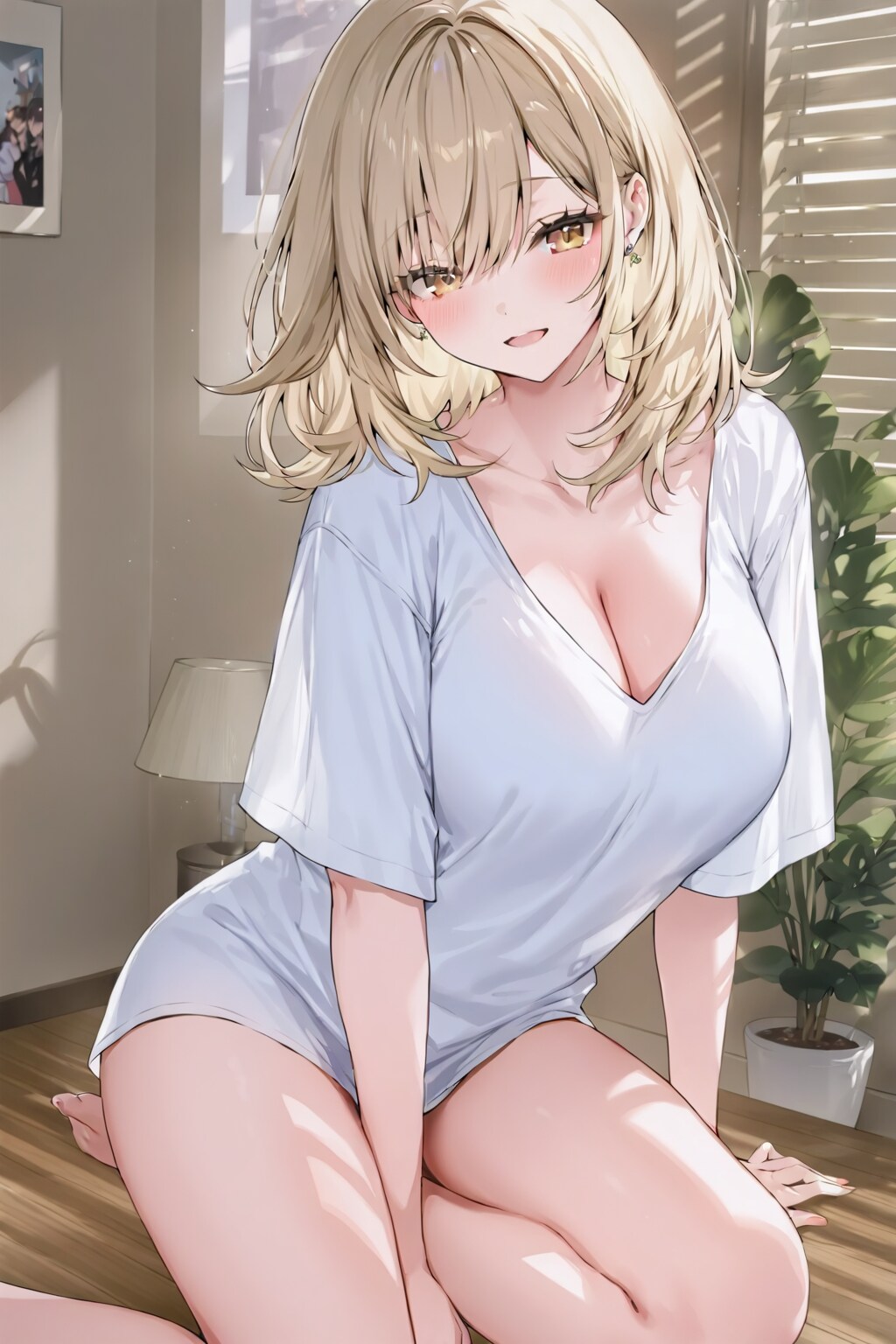 「素肌に着たピチピチのシャツが大きな乳房で弾けそうな美人」の精細なポートレート写真