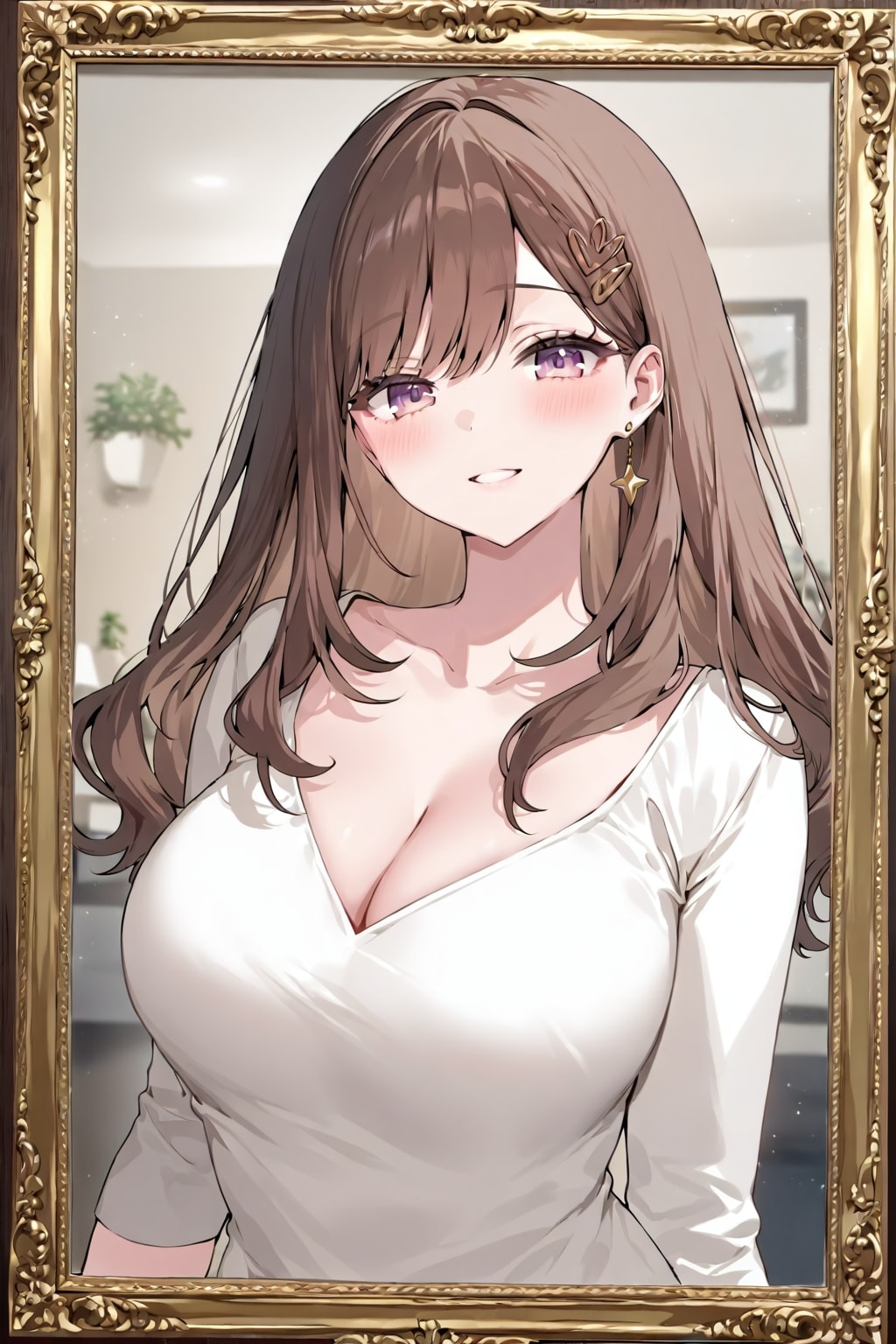 「素肌に着たピチピチのシャツが大きな乳房で弾けそうな美人」の精細なポートレート写真