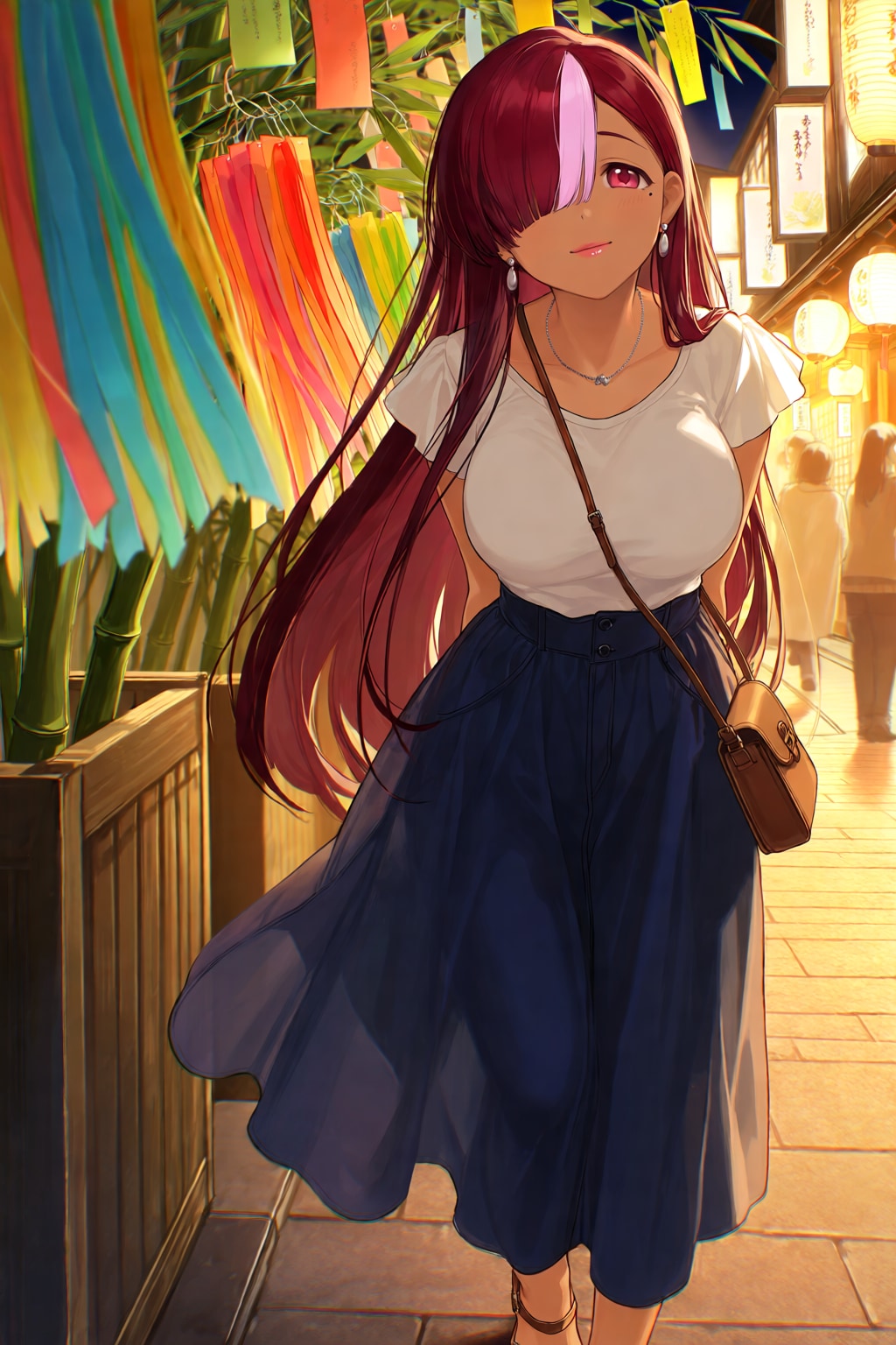七夕飾りの下で
