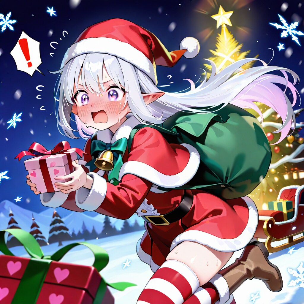 まだ残っていたプレゼントを大慌てで配るエルフの女の子（残業確定）