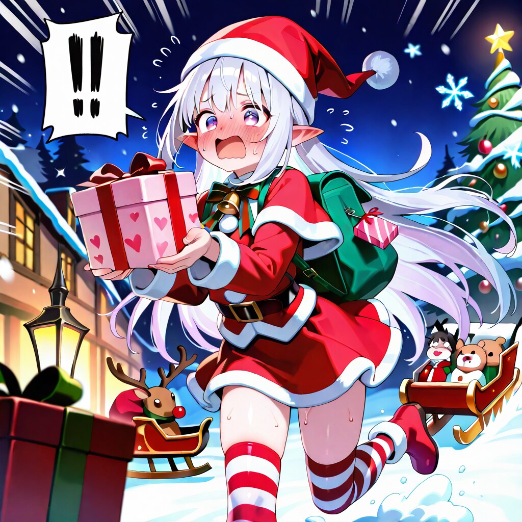 まだ残っていたプレゼントを大慌てで配るエルフの女の子（残業確定）