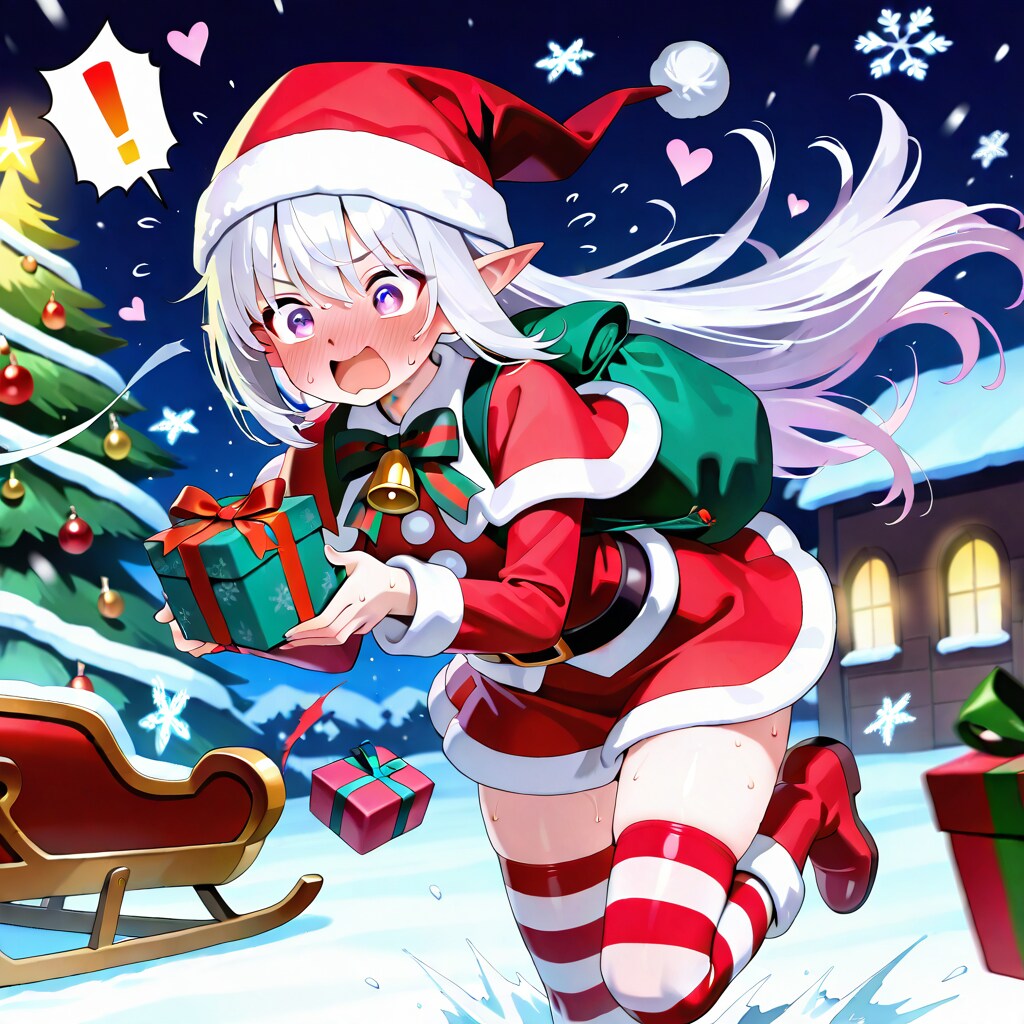 まだ残っていたプレゼントを大慌てで配るエルフの女の子（残業確定）