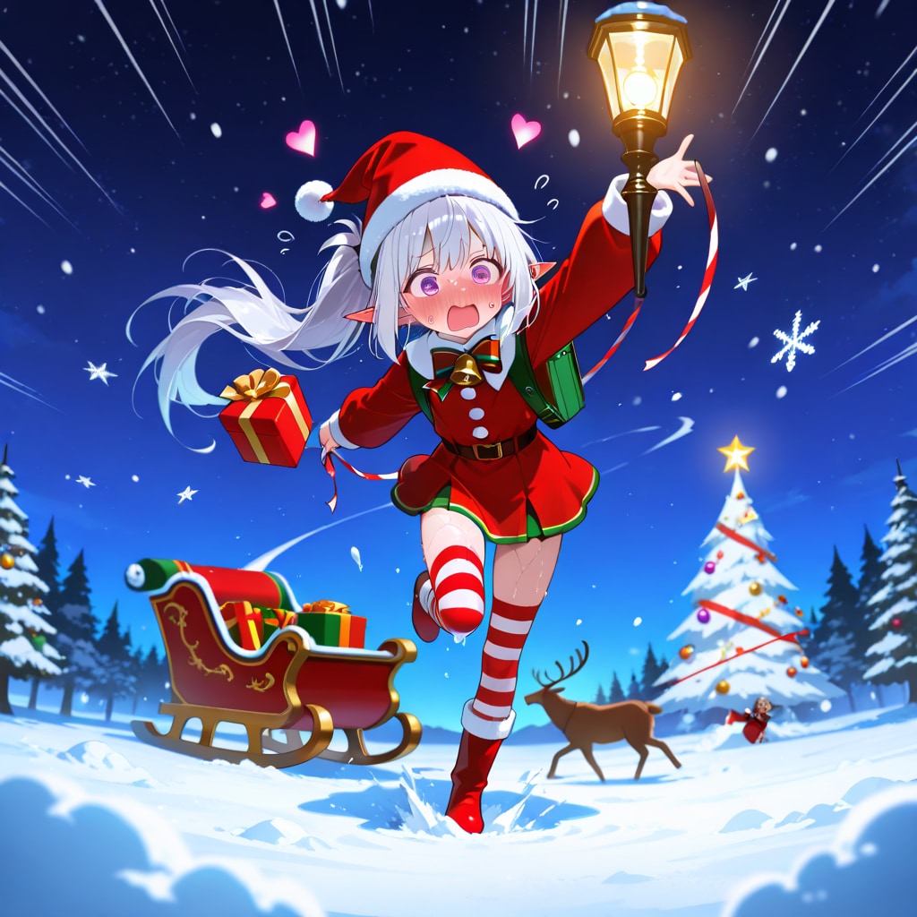 まだ残っていたプレゼントを大慌てで配るエルフの女の子（残業確定）