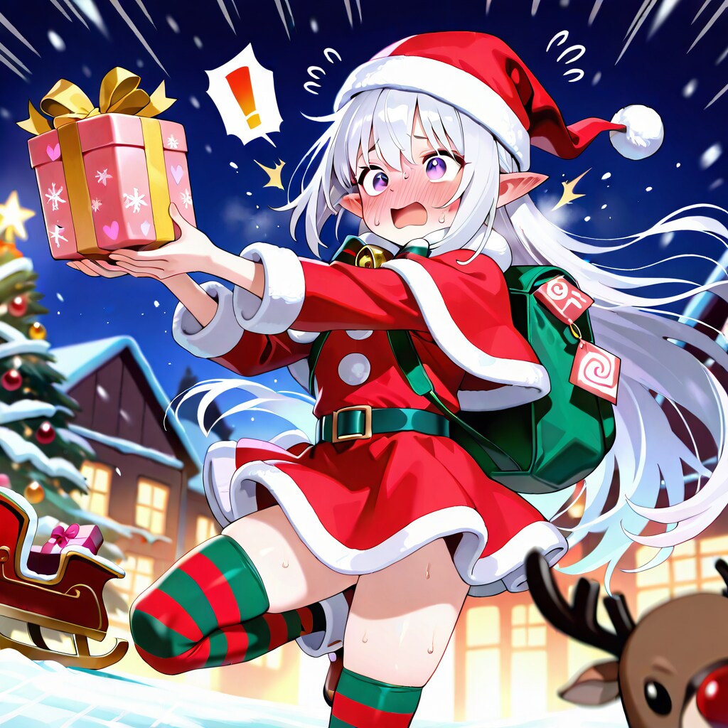 まだ残っていたプレゼントを大慌てで配るエルフの女の子（残業確定）