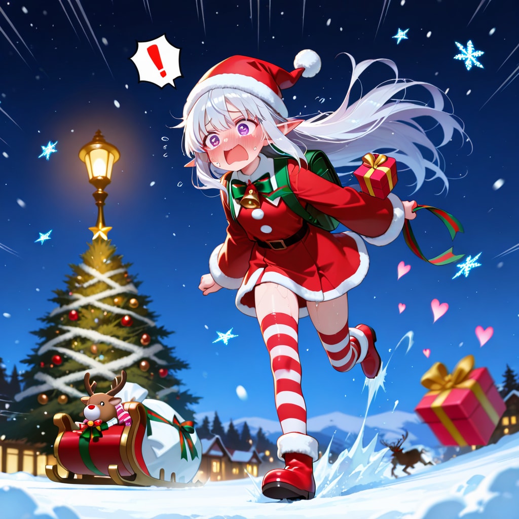 まだ残っていたプレゼントを大慌てで配るエルフの女の子（残業確定）