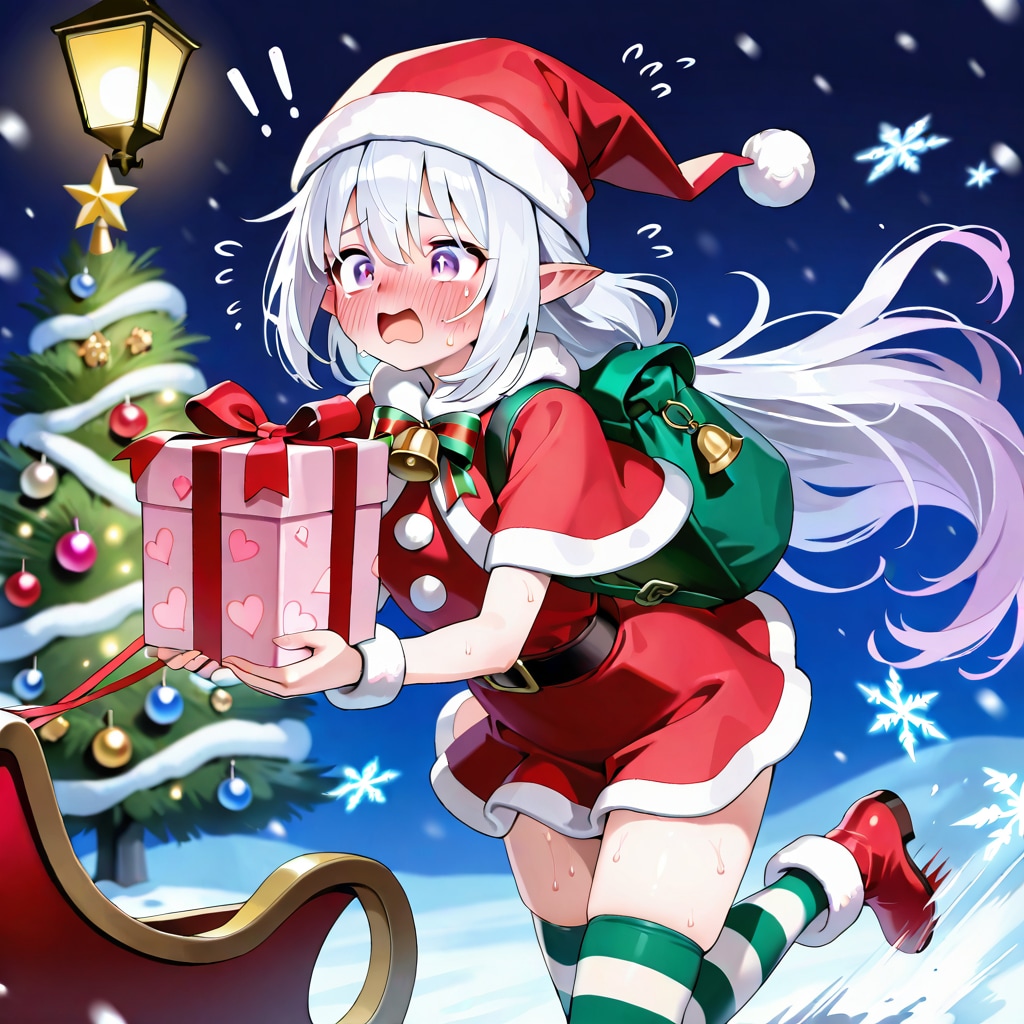 まだ残っていたプレゼントを大慌てで配るエルフの女の子（残業確定）