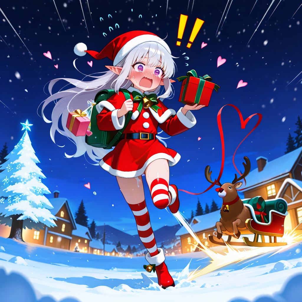 まだ残っていたプレゼントを大慌てで配るエルフの女の子（残業確定）