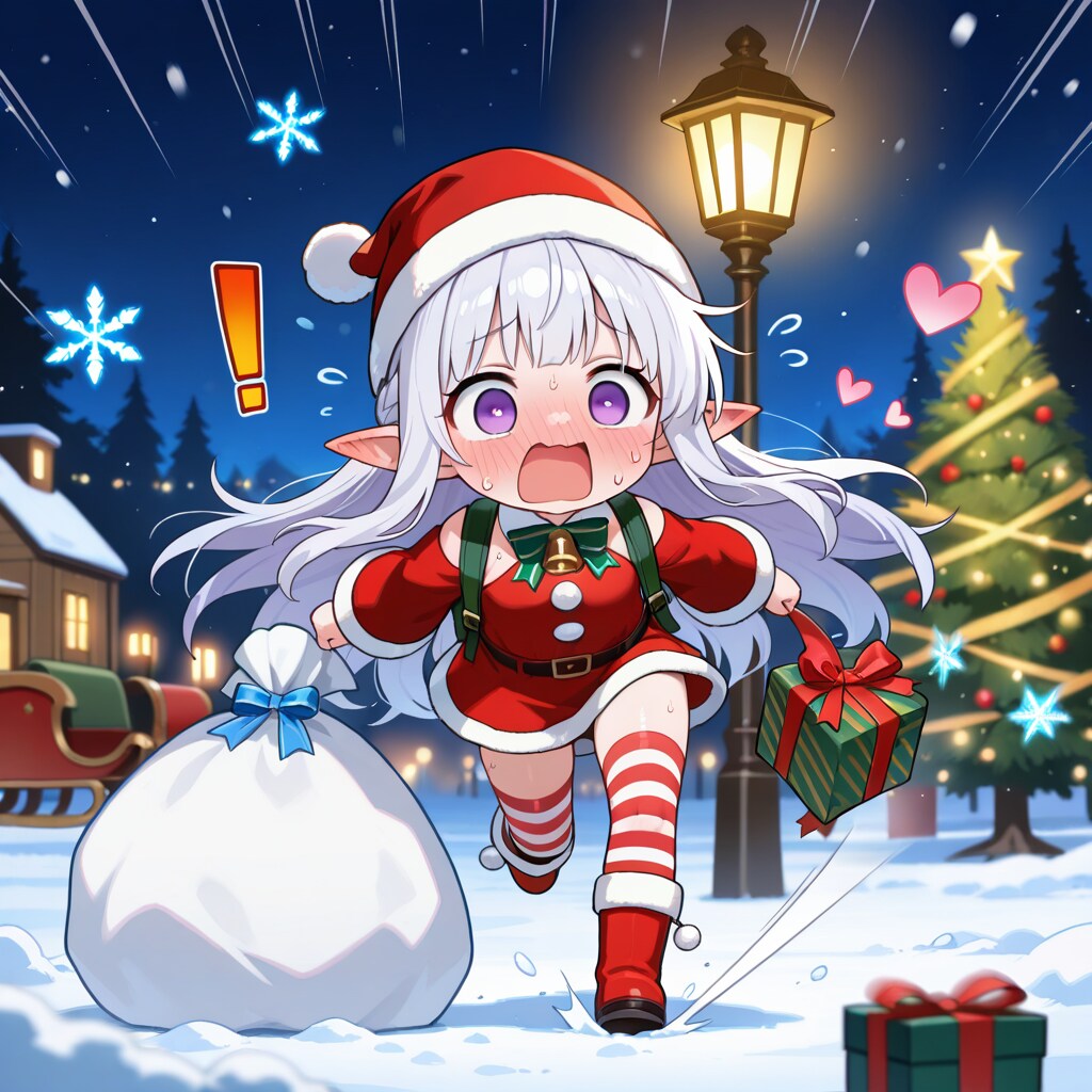 まだ残っていたプレゼントを大慌てで配るエルフの女の子（残業確定）