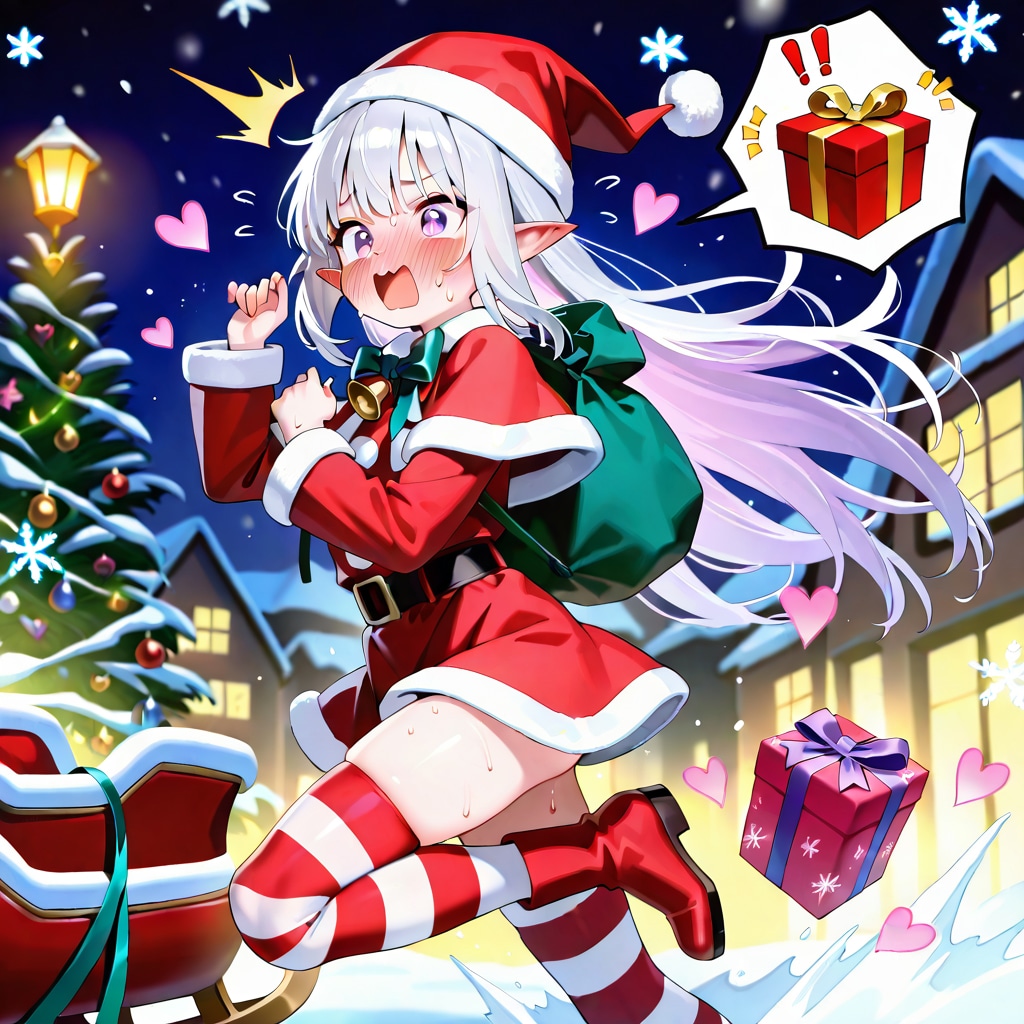 まだ残っていたプレゼントを大慌てで配るエルフの女の子（残業確定）