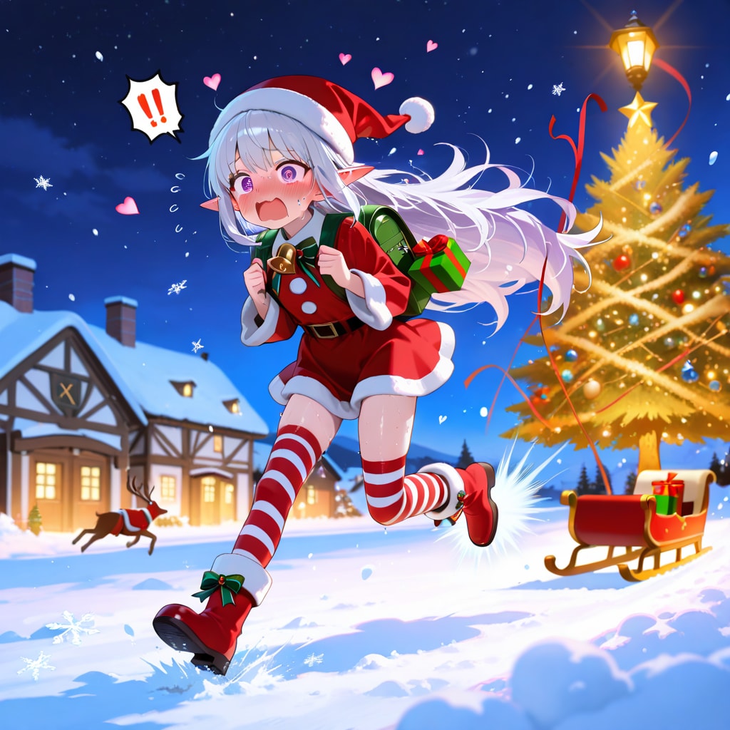 まだ残っていたプレゼントを大慌てで配るエルフの女の子（残業確定）