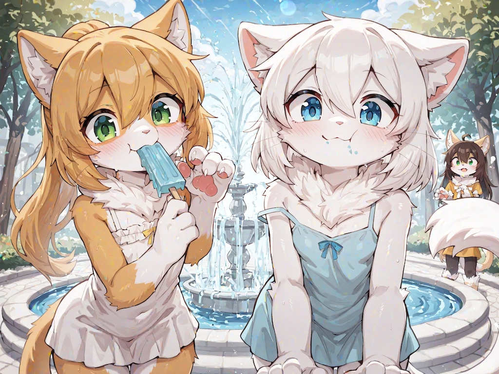 アイスを食べる白い猫の子たち