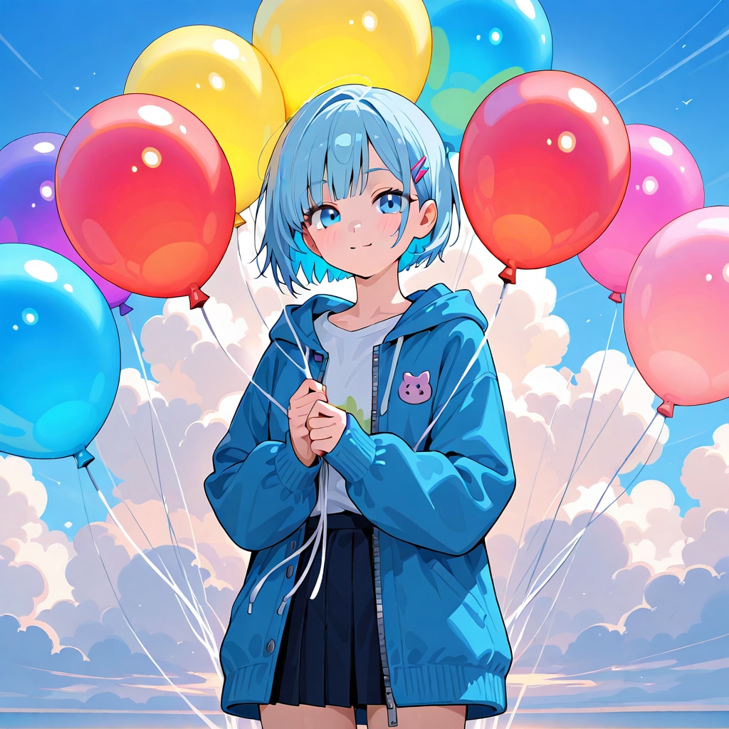 いっぱい色とりどりの風船を持つ青い髪ショートカットの美女 | の人気AIイラスト・グラビア