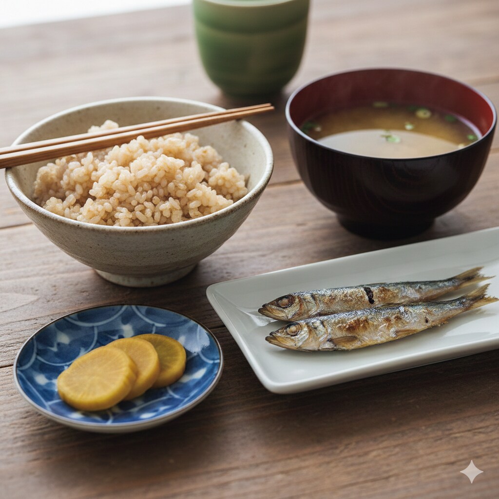 【朝食】玄米、めざし、沢庵、具無し味噌汁