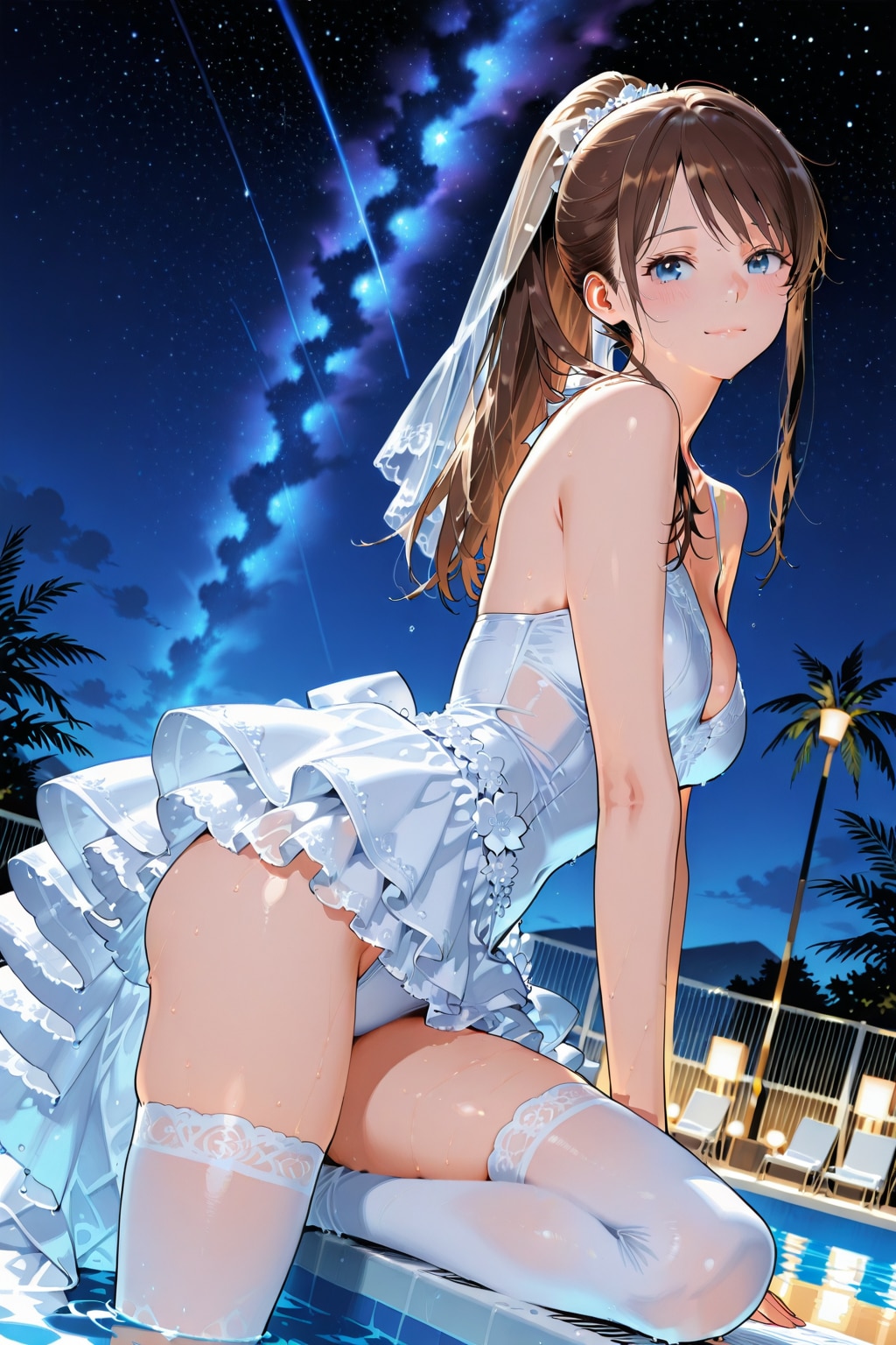 Wedding dress swim in the pool