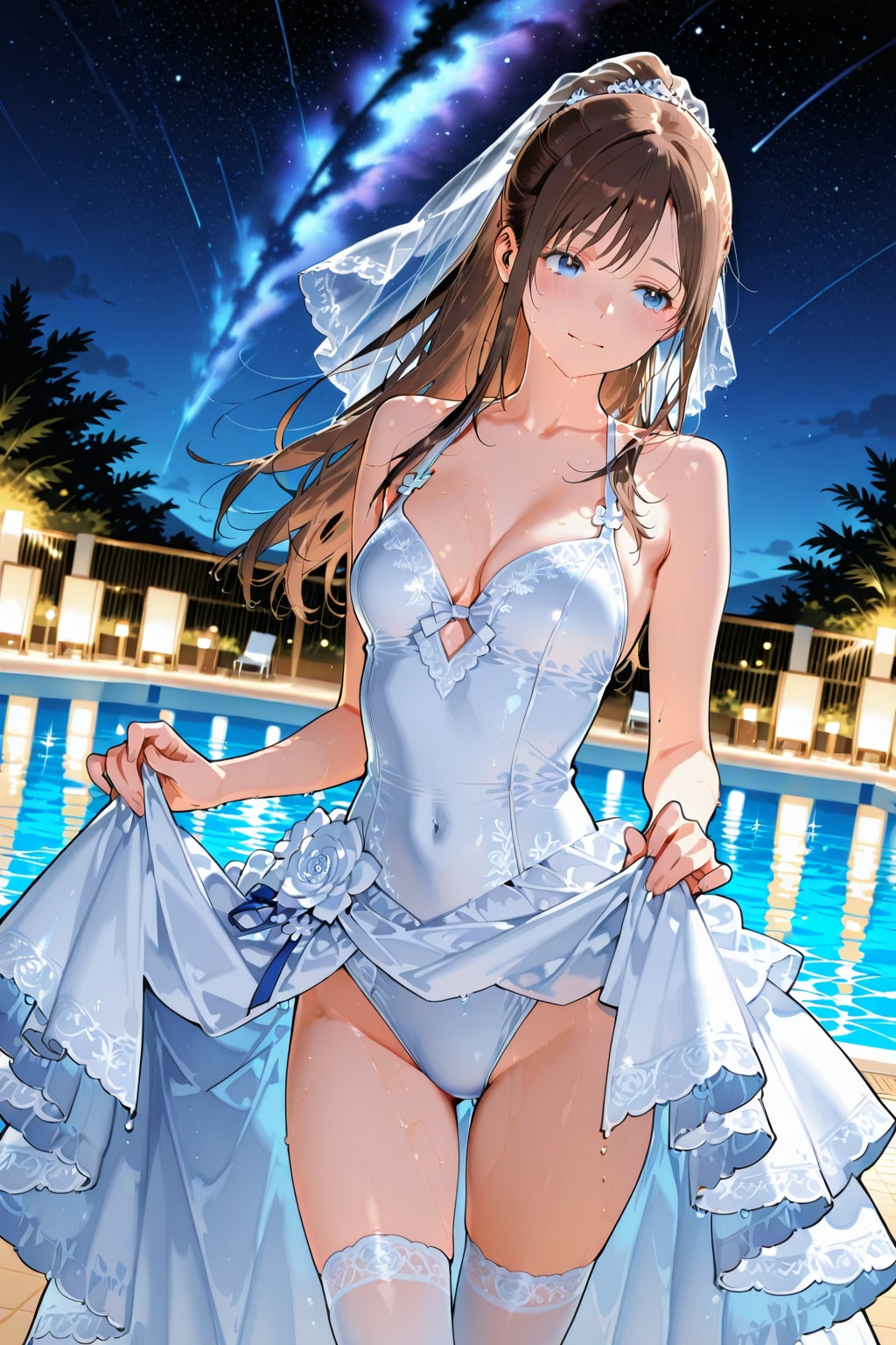 Wedding dress swim in the pool