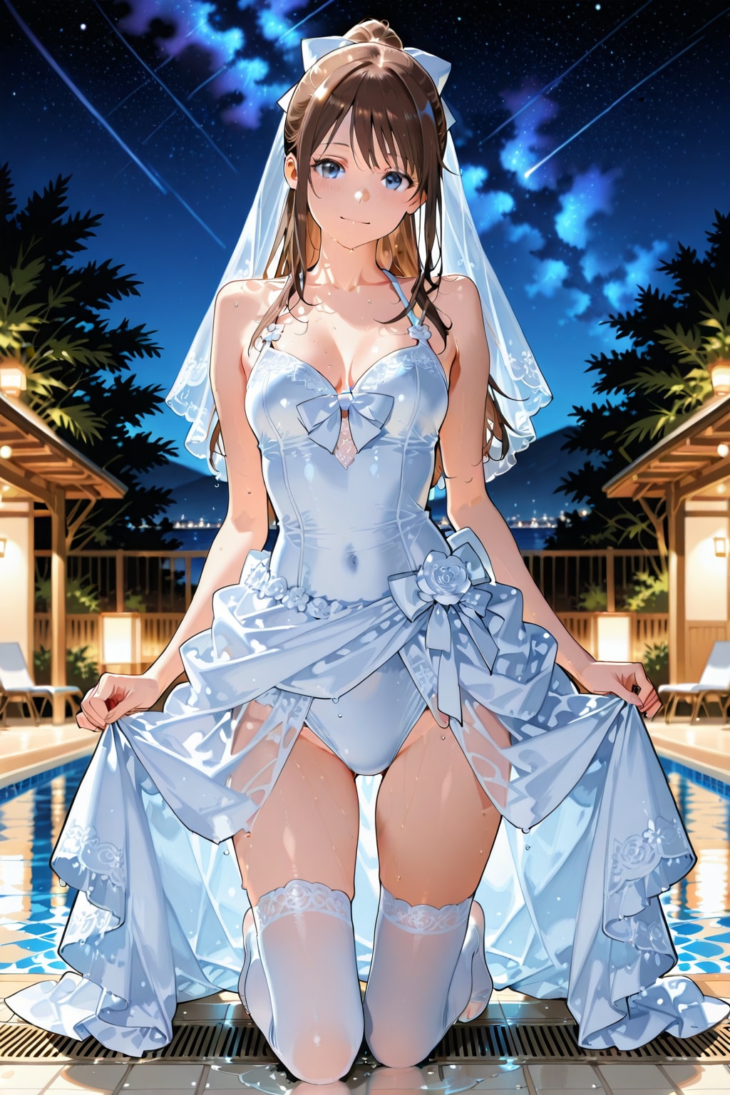 Wedding dress swim in the pool