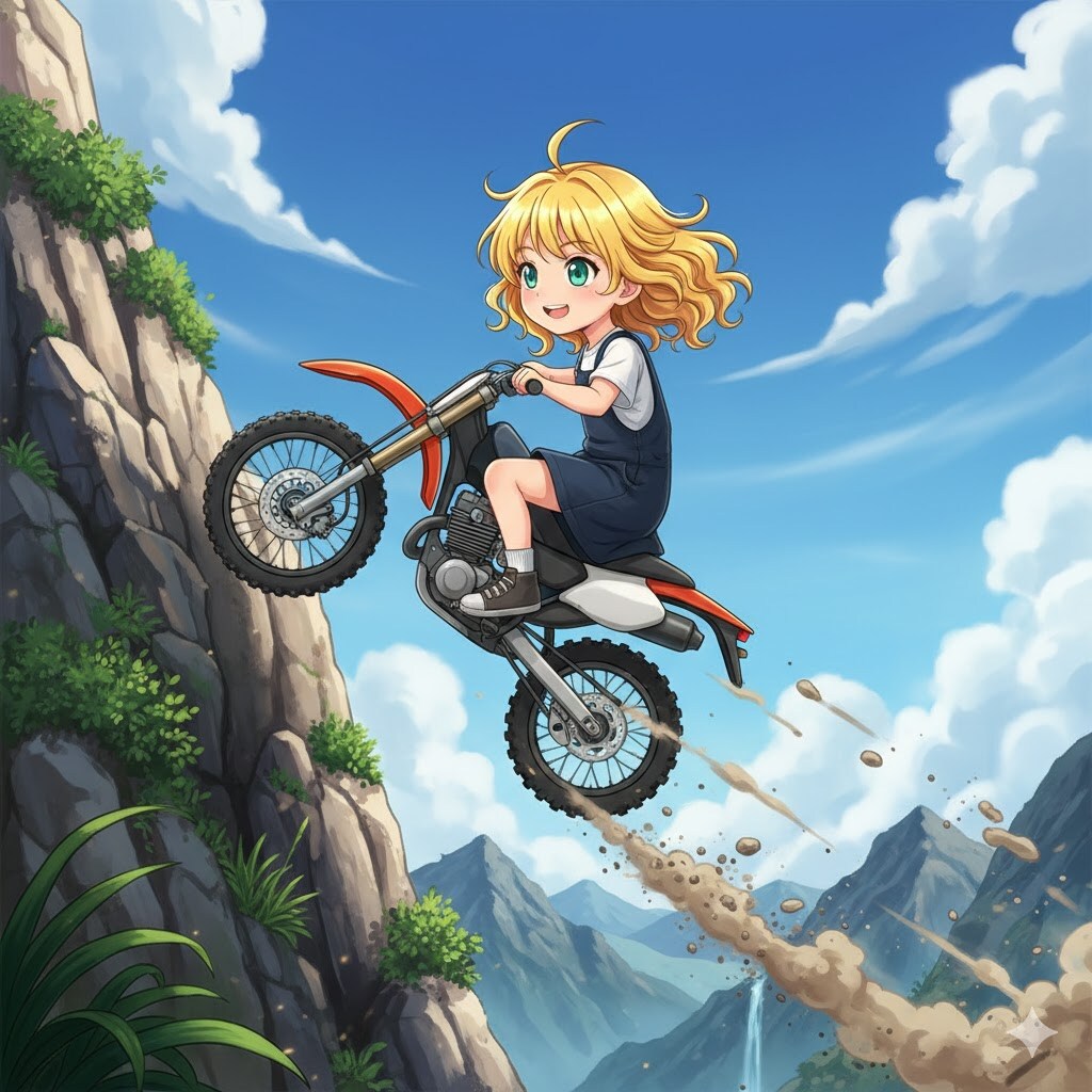 オフロードバイクで垂直の崖を登る女の子