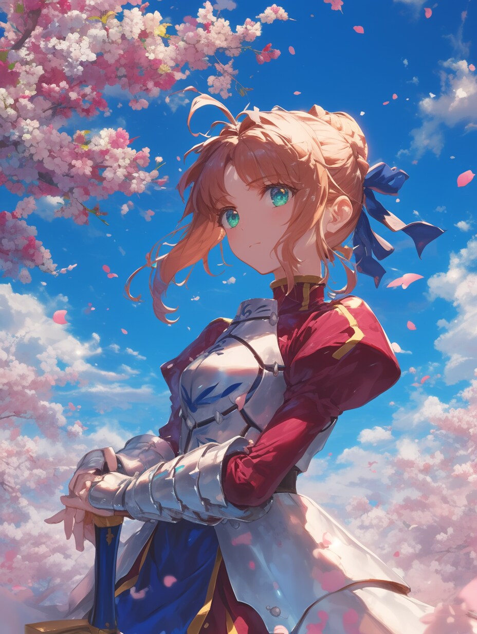 桜舞う中に佇むセイバー