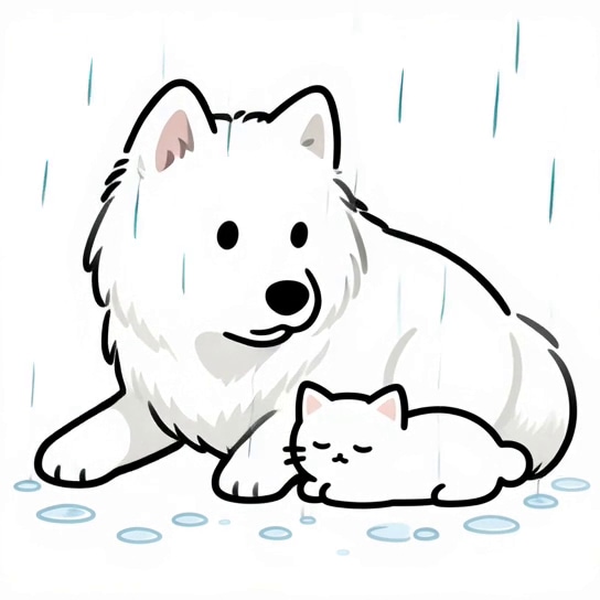 サモエドんと子猫さん　雨だ・・どうしよう・・この子濡れちゃう・・ | の人気AIイラスト・グラビア