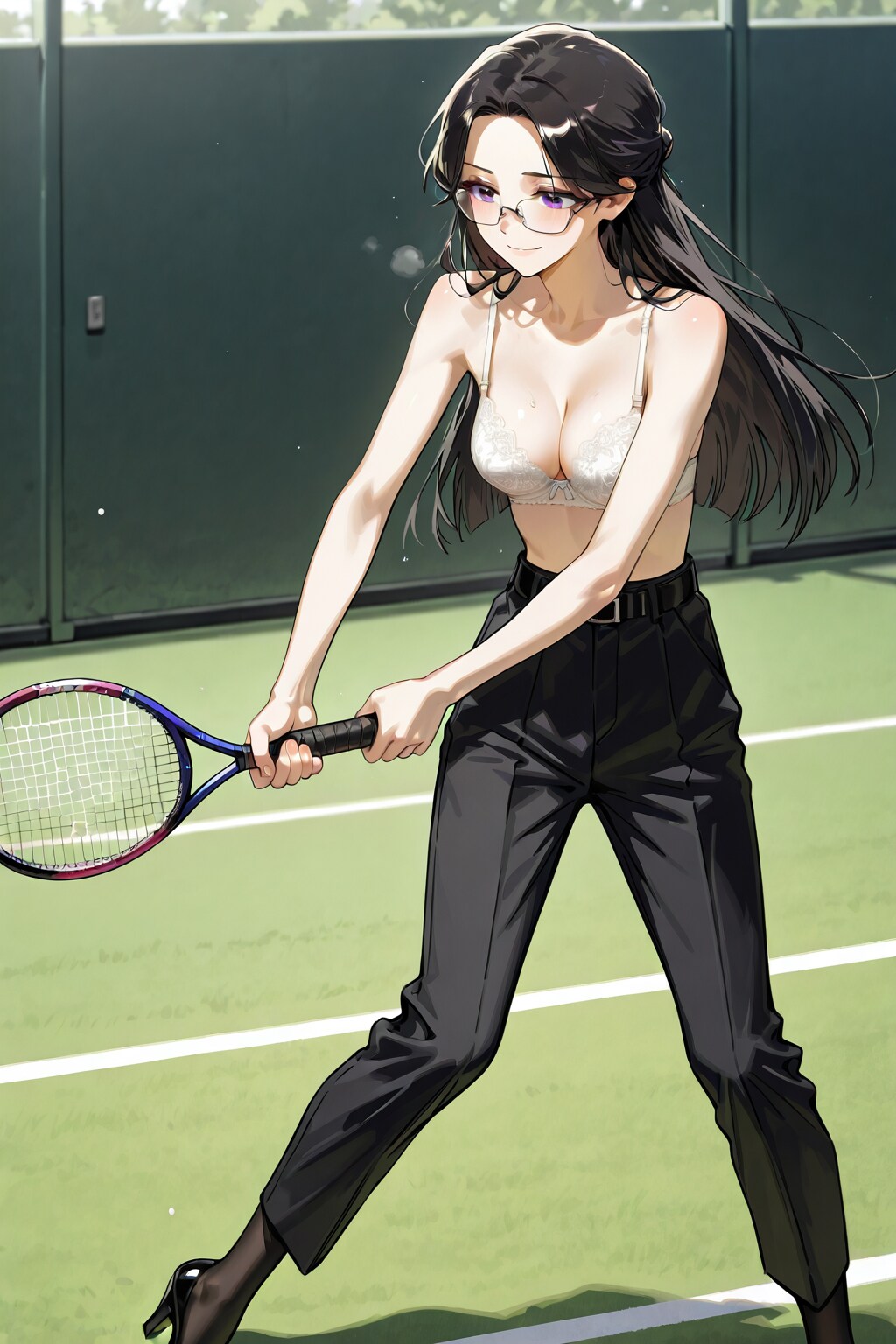 ブラ姿の美女の純白レースブラジャーテニス