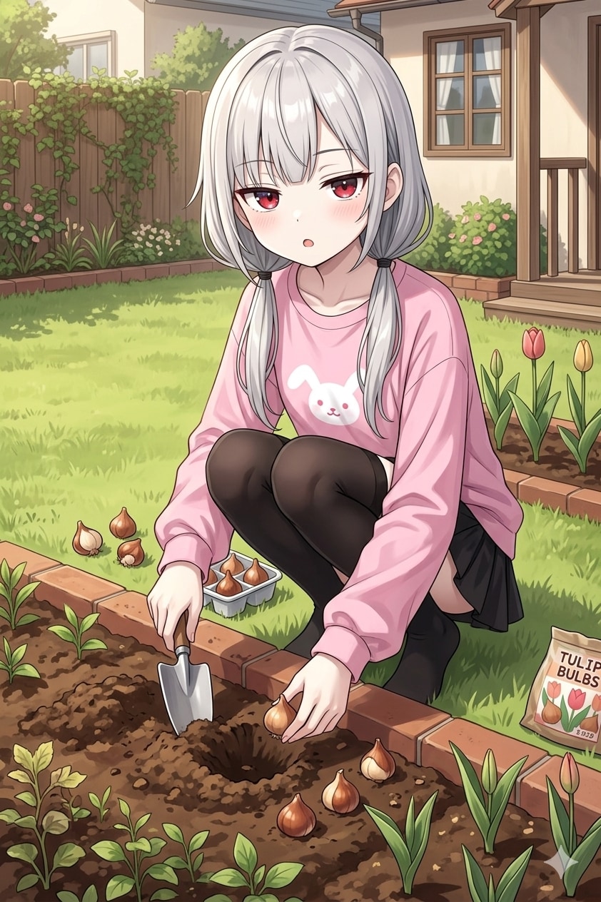 家の庭にチューリップ植えるアイちゃん | の人気AIイラスト・グラビア