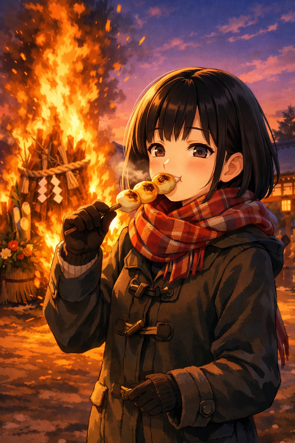 どんど焼きの炎で焼いたお団子を食べている女の子 | の人気AIイラスト・グラビア