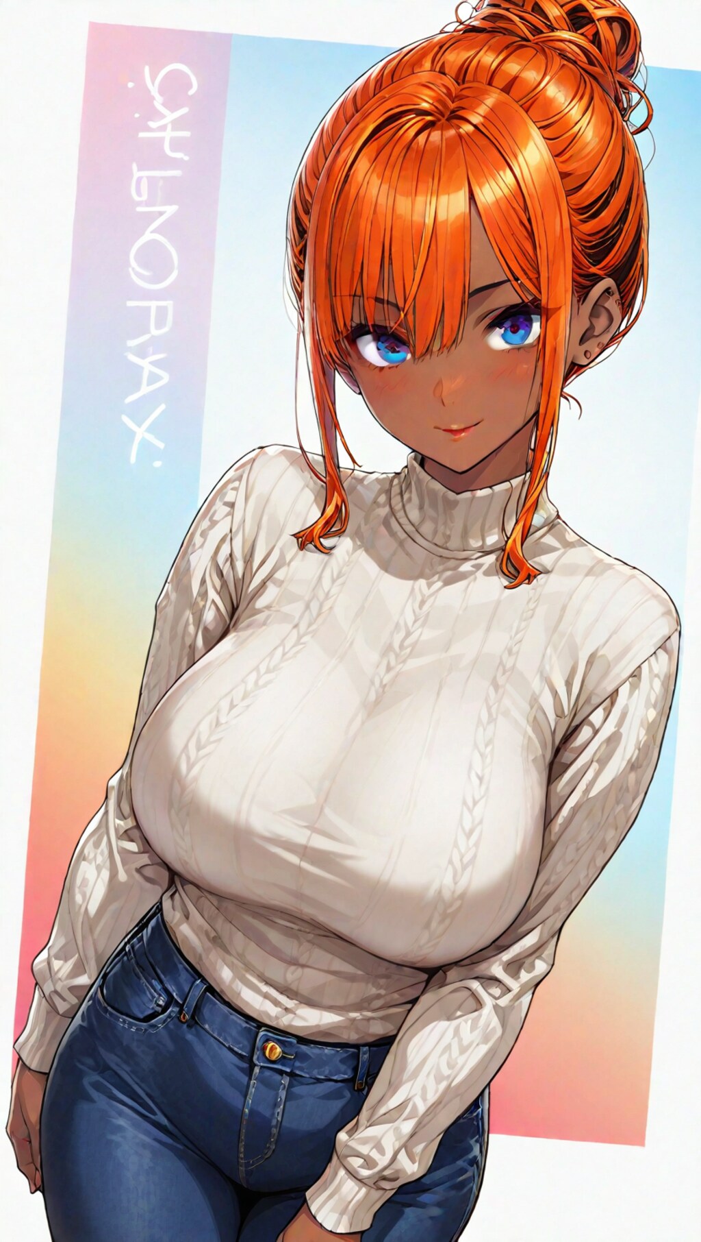 褐色ニットセーター美女