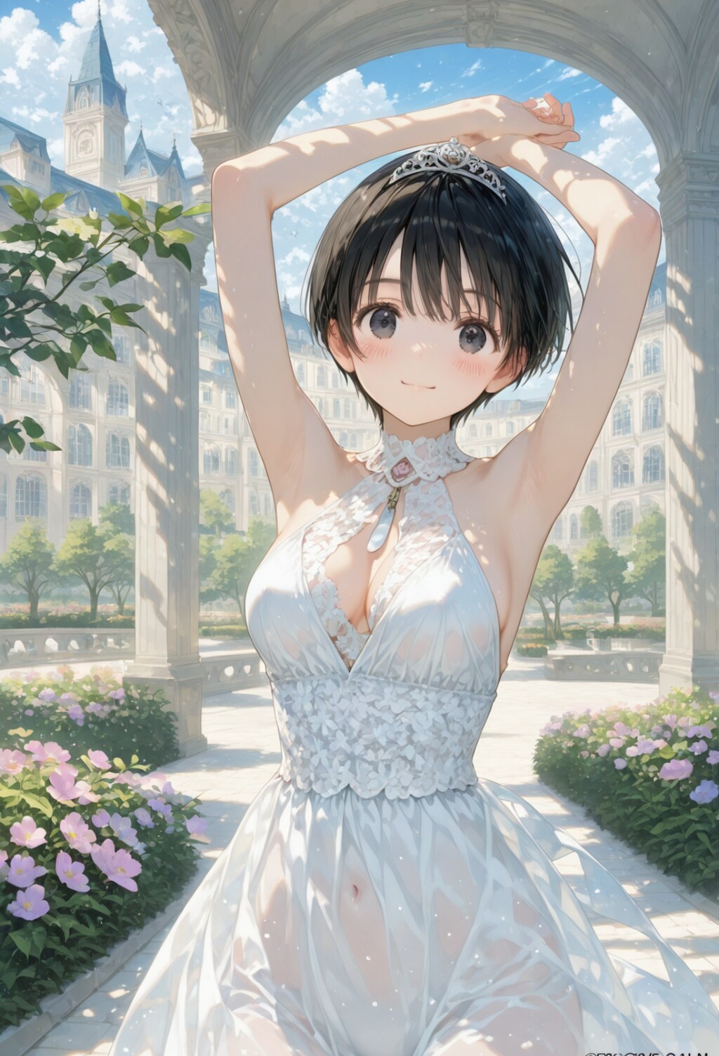 青空の背景に、純白のドレスと透けるような白い肌が映えるお姫様