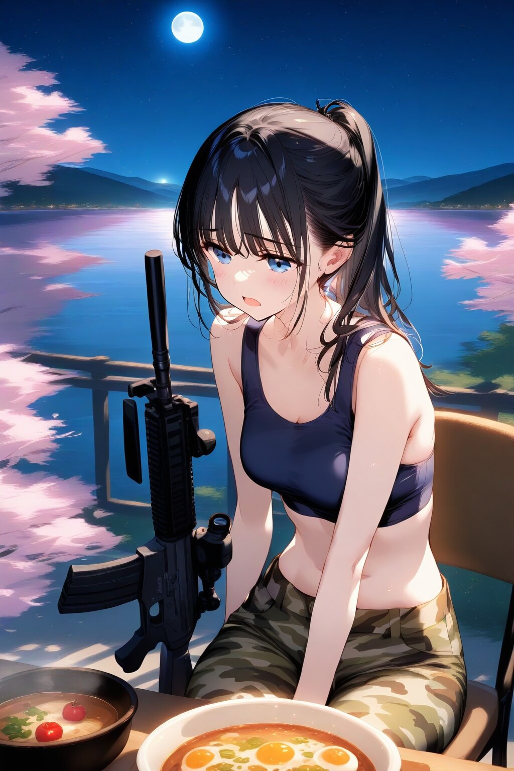 桜の咲く湖畔で宿営する葵さん