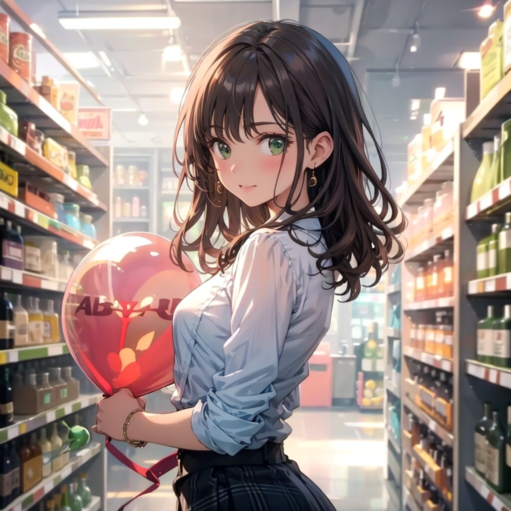 街の酒屋さんで風船を持つブラウンウェーブヘアの美女。