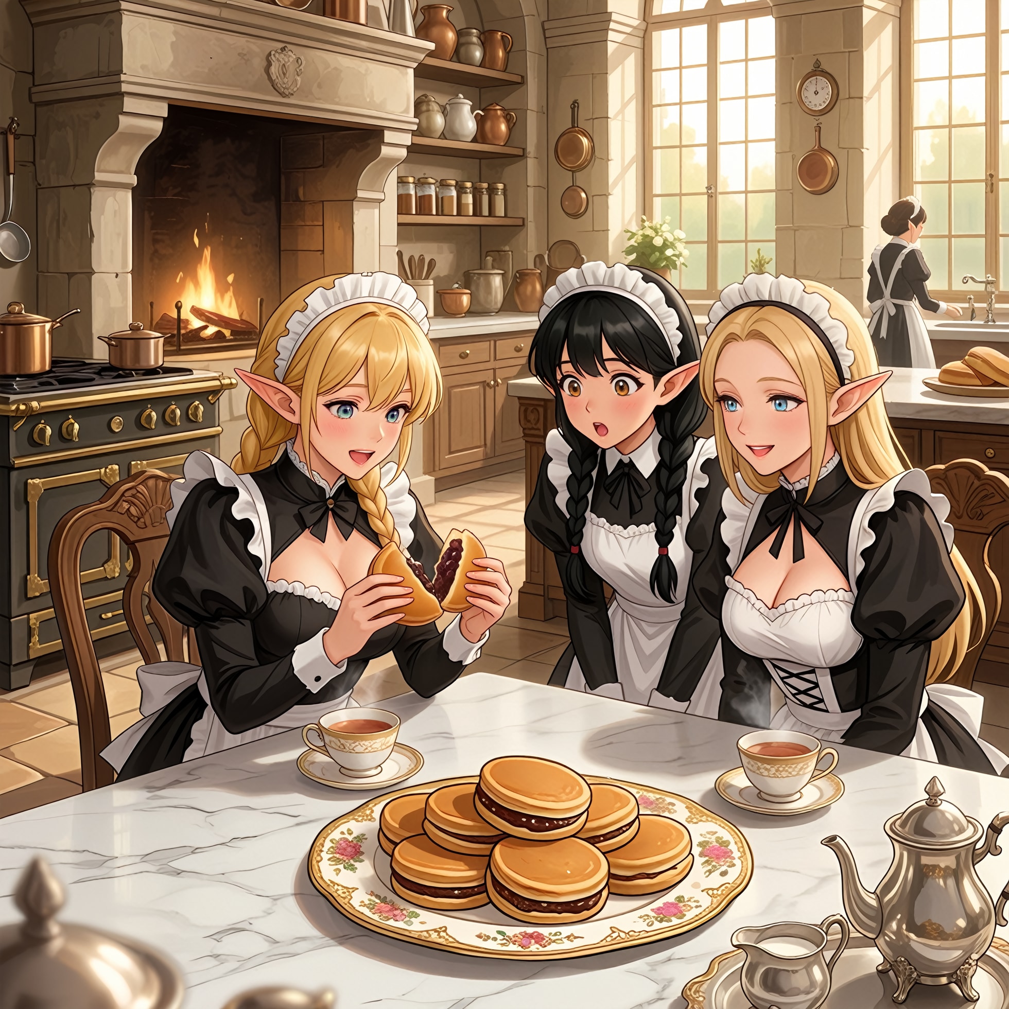 東方のお客様から今川焼をいただいて興味津々なエルフメイドさん💕