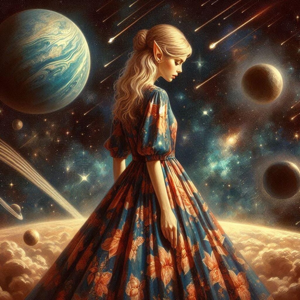 油絵ファンタジー、星空ドレスを着たエルフ