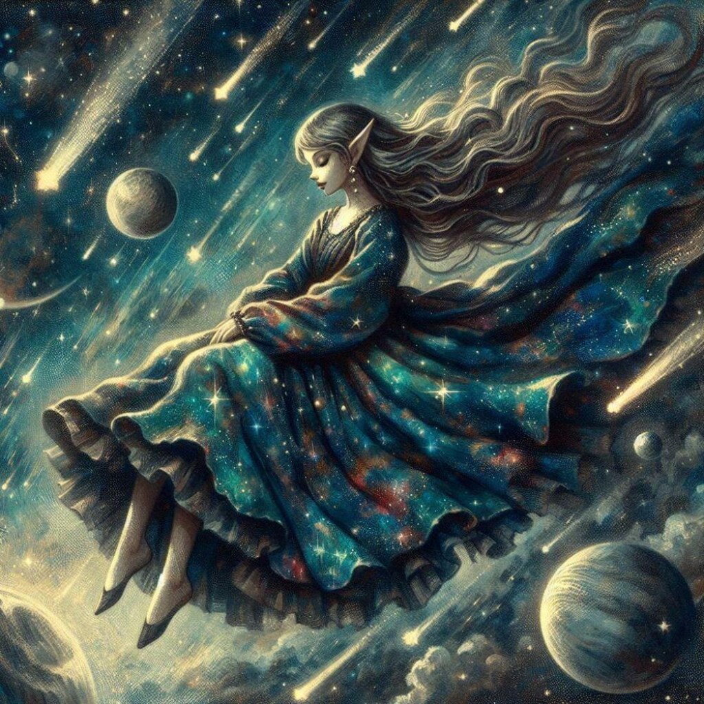 油絵ファンタジー、星空ドレスを着たエルフ