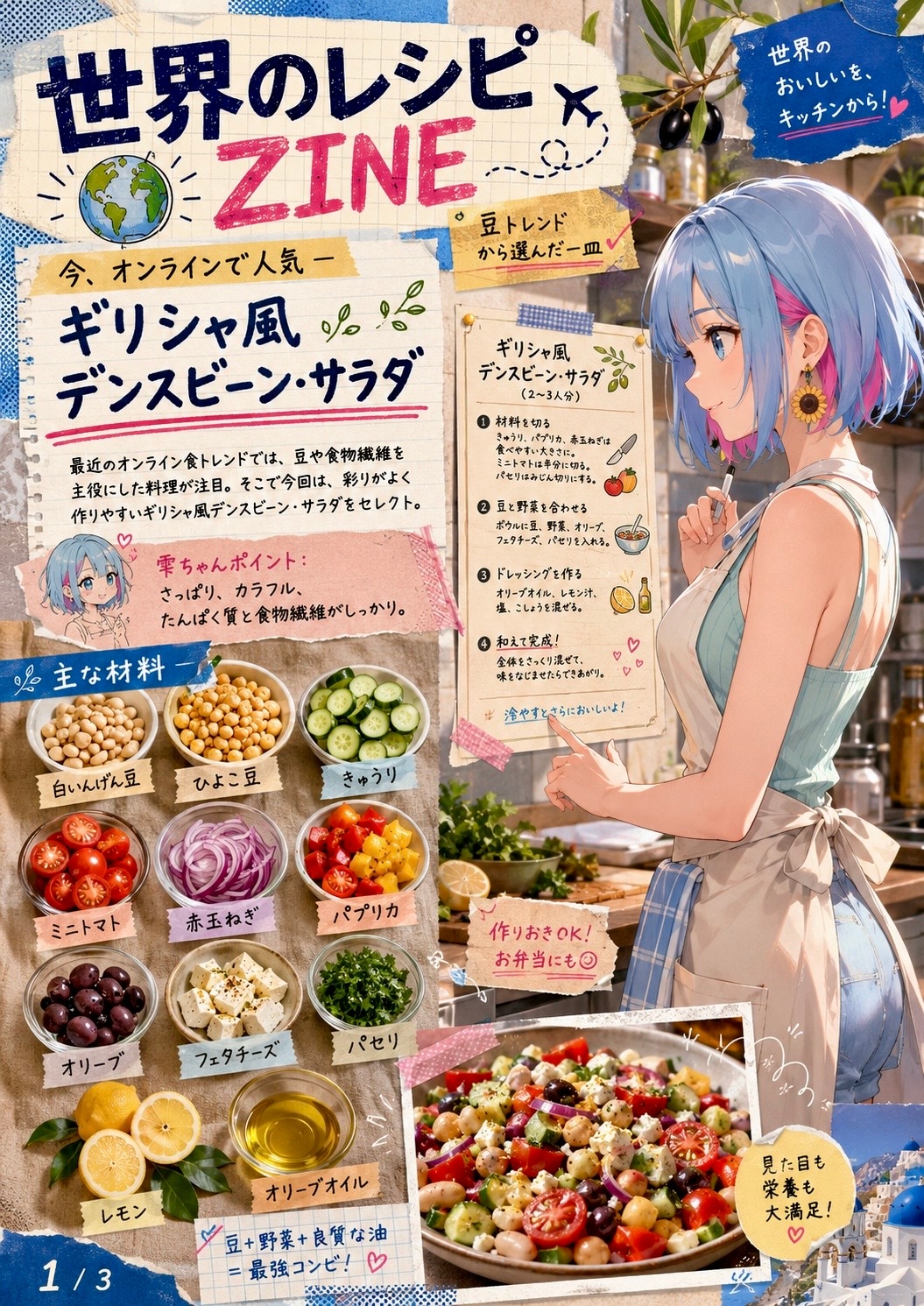 オリジナルAIフードZINE 雫ちゃんと作る、ギリシャ風デンスビーン・サラダ