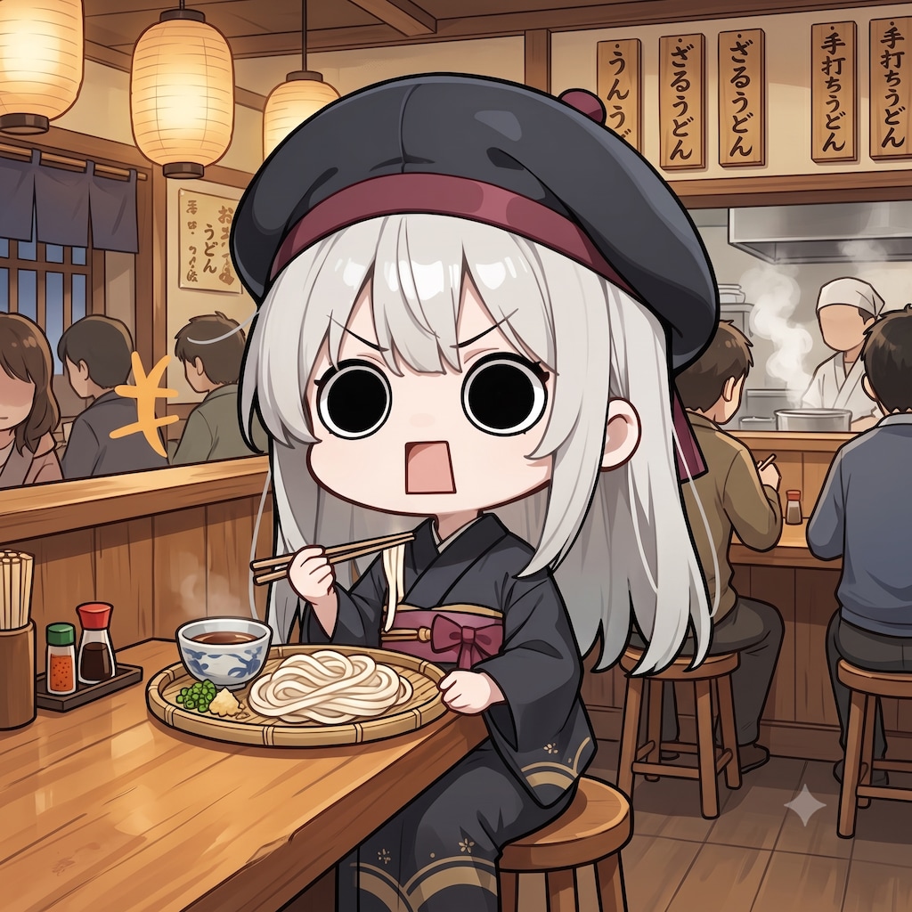 うどんを頂くえらいこっちゃ嬢