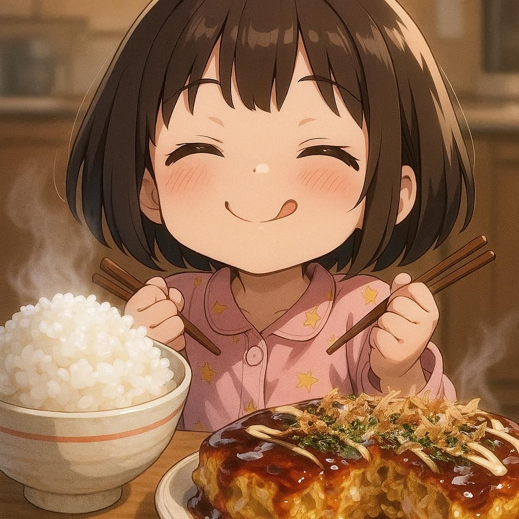お好み焼きをおかずにしてご飯を食べるももかちゃん